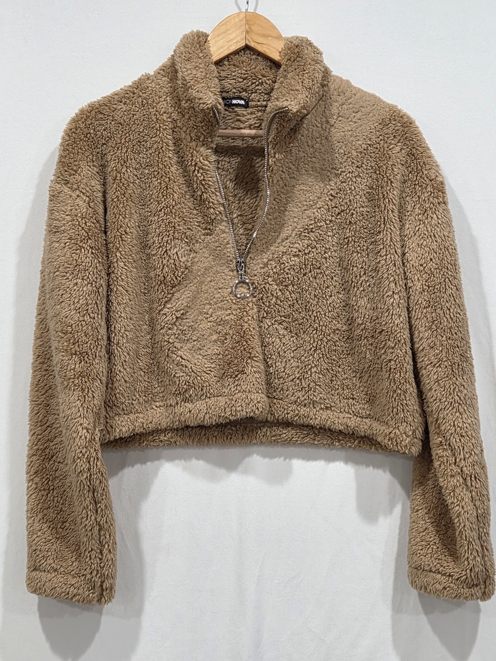 Fashion Nova Tan Sherpa Fleece Cropped Pullover Half Zip Ring Pull Women's M